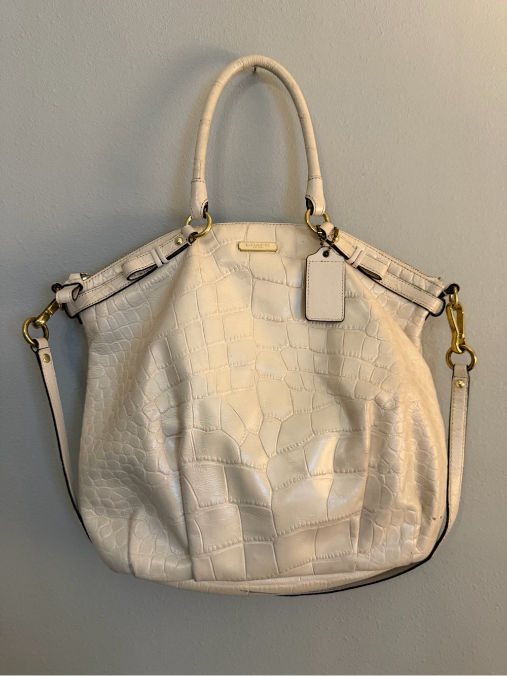 Coach White Croc-Embossed Shoulder Bag with Gold Hardware